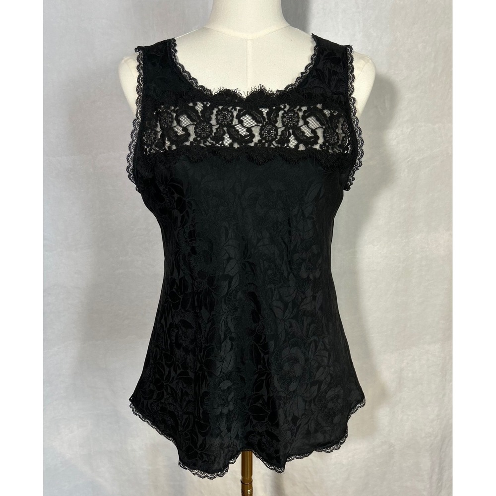 VTG Valerie Stevens Black Jacquard Floral Cami Top 100% Silk Coquette Regency